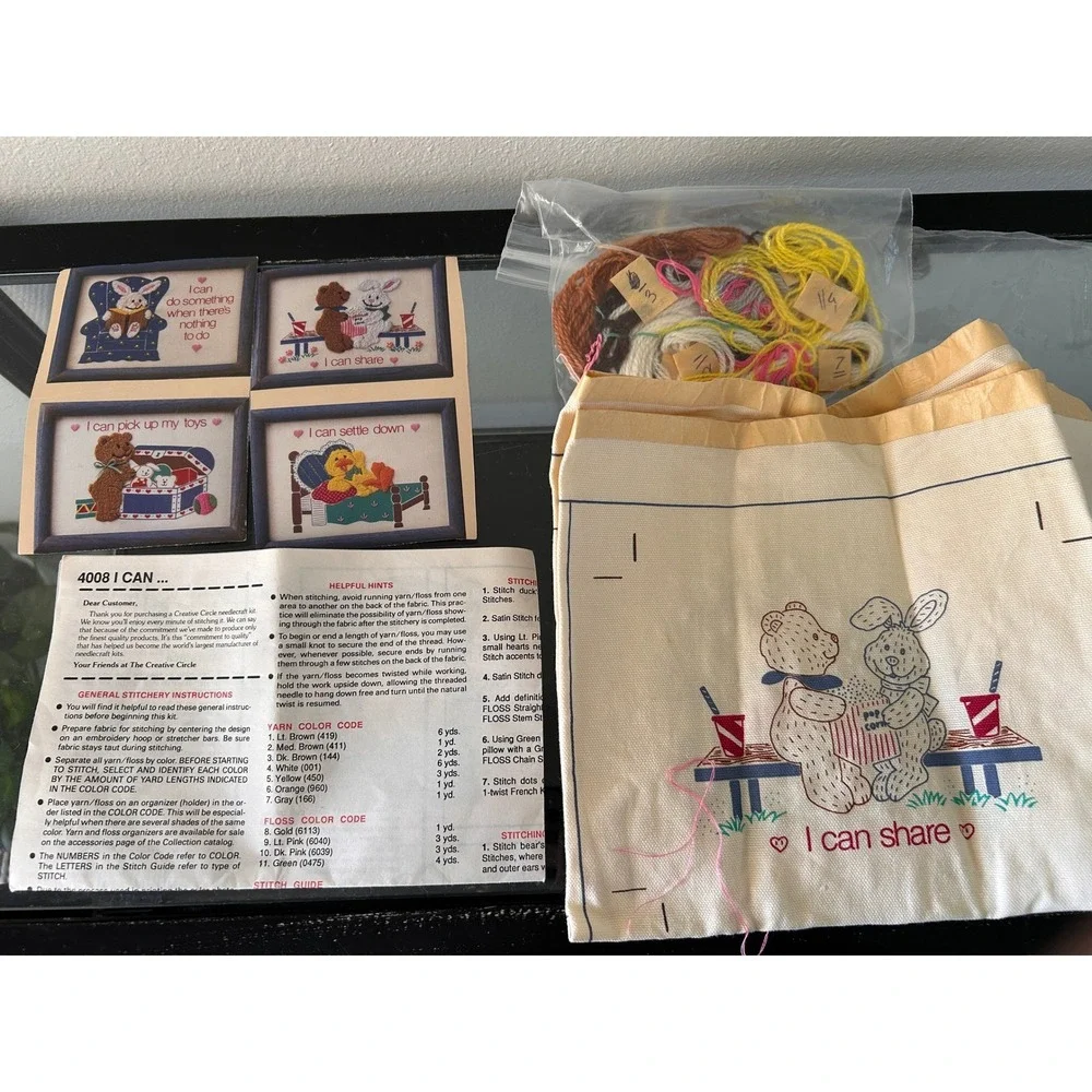 Vintage 1988 The Creative Circle I Can Embroidery Kit Bears Bunny Duck Nursery